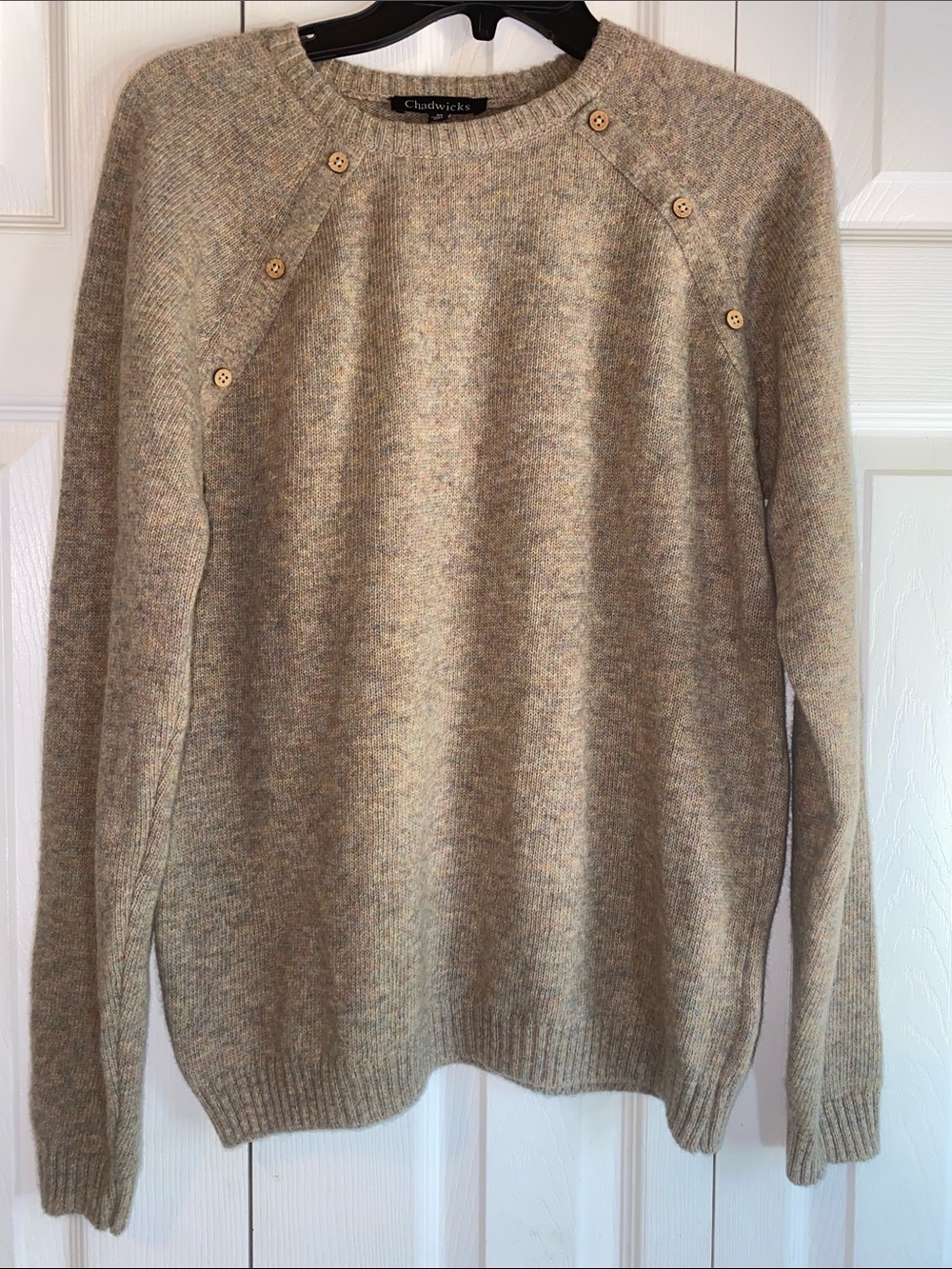 Chadwicks Women’s Wool Blend Taupe Heathered Button-Shoulder Crewneck Sweater